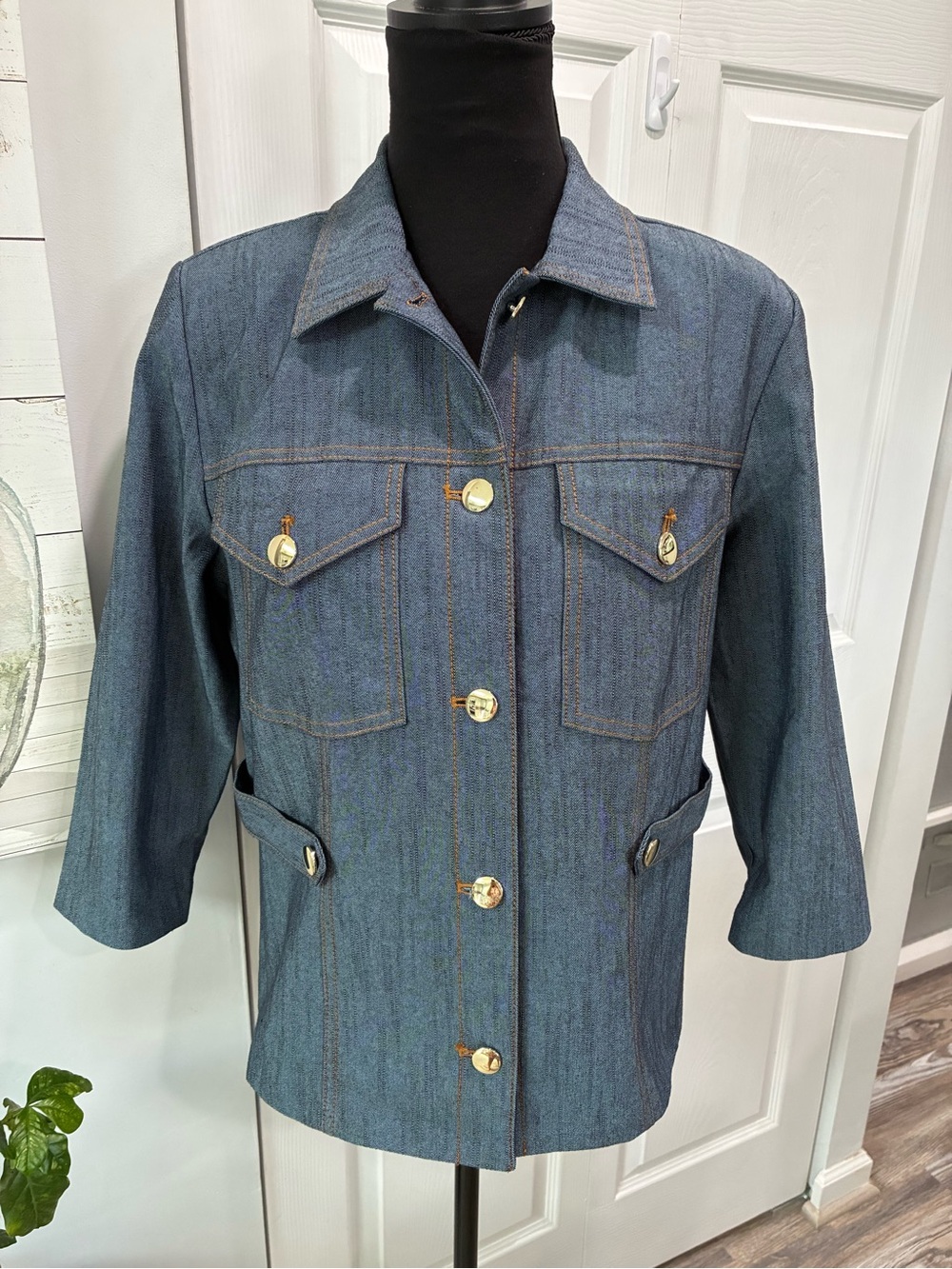 Women's Denim Blazer Jacket in Blue with Gold Buttons